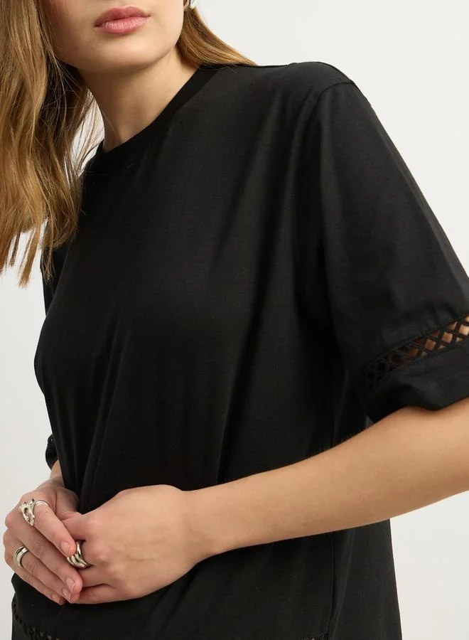 Styli Solid Round Neck Boxy Fit T-Shirt with Lace Trim Detail