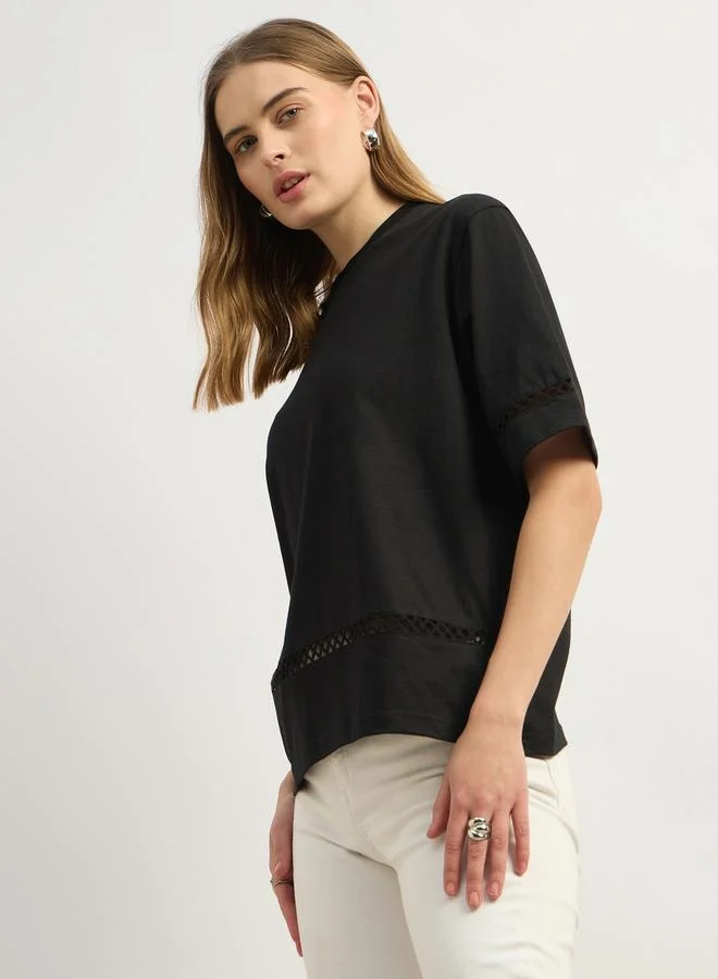 Styli Solid Round Neck Boxy Fit T-Shirt with Lace Trim Detail