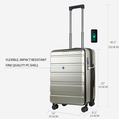 KROSER Carry On Luggage with Spinner Wheels & Built-in TSA Lock, Expandable Top Opening Hard Shell Suitcase Large Capacity Durable Rolling Luggage with USB Port, Carry-On 20-Inch, Champagne - Image 2