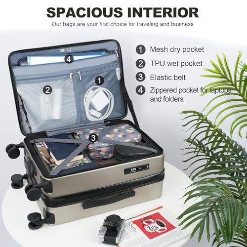 KROSER Carry On Luggage with Spinner Wheels & Built-in TSA Lock, Expandable Top Opening Hard Shell Suitcase Large Capacity Durable Rolling Luggage with USB Port, Carry-On 20-Inch, Champagne - Image 3