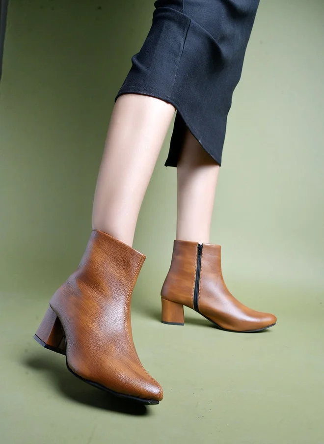 شوتوبيا Tan Block Heeled Ankle Boots for Casual Wear
