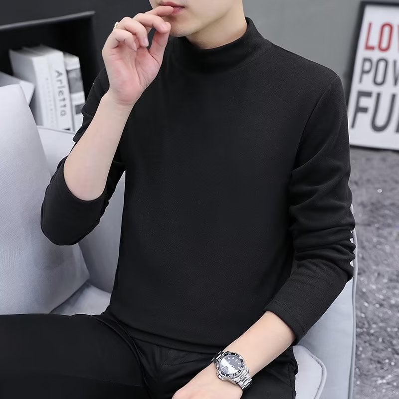 Half-high Collar Warm Top T Double-sided Velvet Winter Base Shirt Men's Spring and Autumn All-match Long-sleeved T-shirt Inner Middle Collar - Image 2