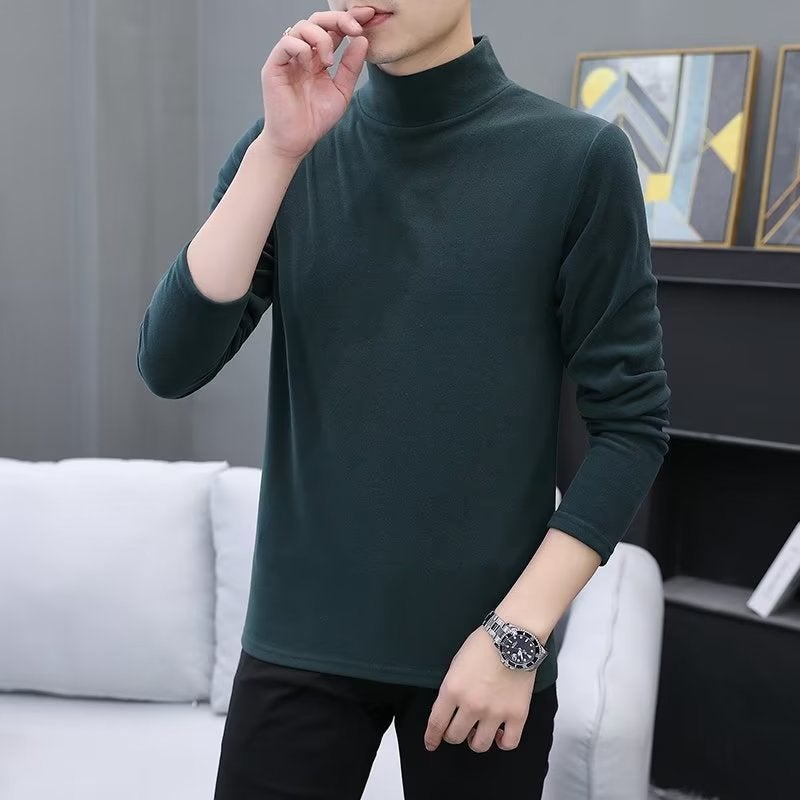 Half-high Collar Warm Top T Double-sided Velvet Winter Base Shirt Men's Spring and Autumn All-match Long-sleeved T-shirt Inner Middle Collar - Image 3