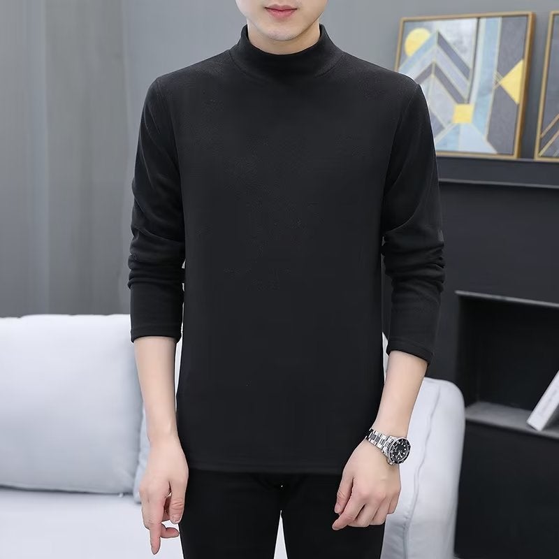 Half-high Collar Warm Top T Double-sided Velvet Winter Base Shirt Men's Spring and Autumn All-match Long-sleeved T-shirt Inner Middle Collar - Image 4