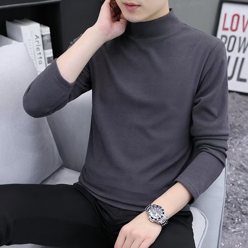 Half-high Collar Warm Top T Double-sided Velvet Winter Base Shirt Men's Spring and Autumn All-match Long-sleeved T-shirt Inner Middle Collar - Image 1