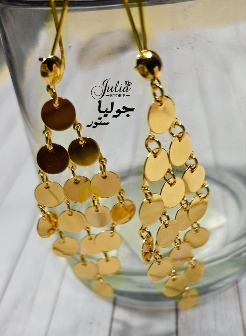 Julia Store 18K Gold Plated Sequin Metal Tassel Earrings Disc Chandelier for Women 18K Gold Plated Trendy Dainty Earrings Handmade Boho Super Lightweight Chandelier Dangle Drop Earring  - Image 1