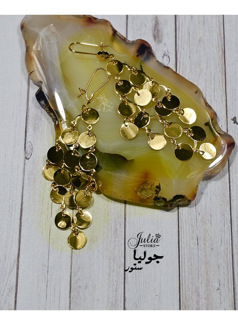 Julia Store 18K Gold Plated Sequin Metal Tassel Earrings Disc Chandelier for Women 18K Gold Plated Trendy Dainty Earrings Handmade Boho Super Lightweight Chandelier Dangle Drop Earring  - Image 3