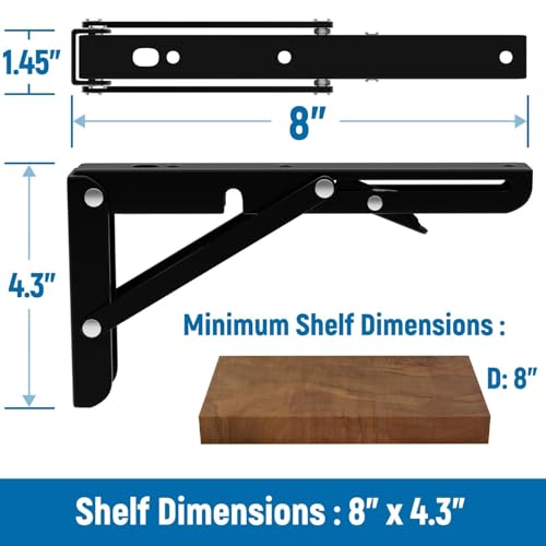 LEOPO 8 inch Folding Shelf Brackets-2 Pack Foldable Heavy Duty Triangle Collapsible Wall Mounted Brackets for Fold Down Table, Space Saving for Bench Table with Screws, Black - Image 2