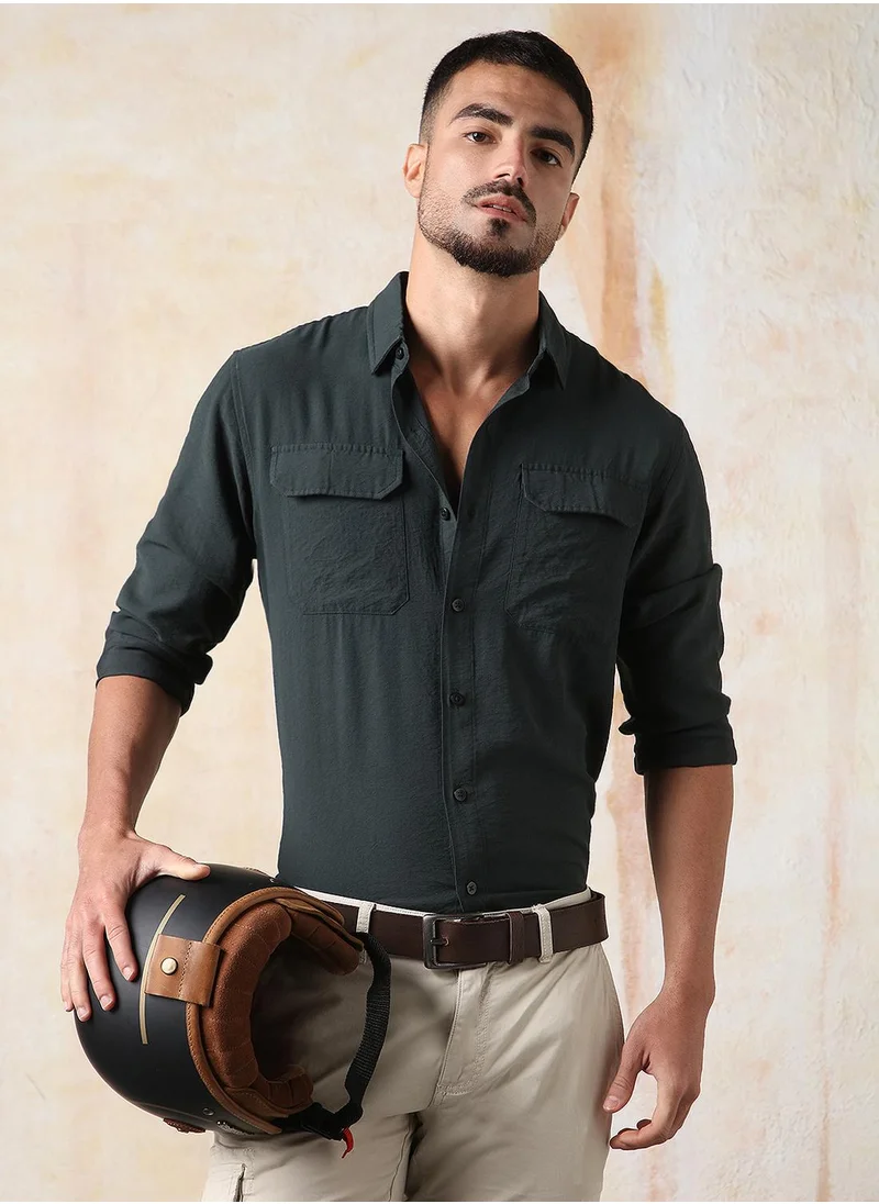 هاي ستار Men's Green Nylon Blend Solid Button Down Regular Fit Shirt