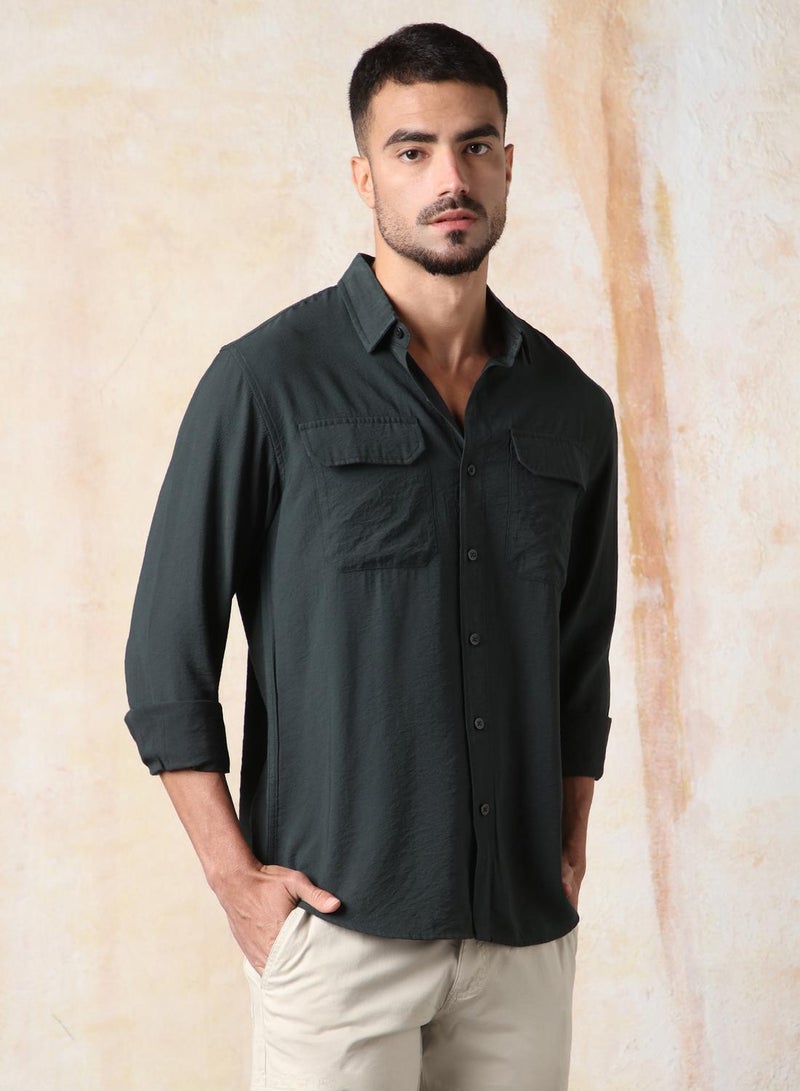 HIGH STAR Men Relaxed Fit Spread Collar Double Flap pocket utility Solid Textured Casual Shirt  - Image 3