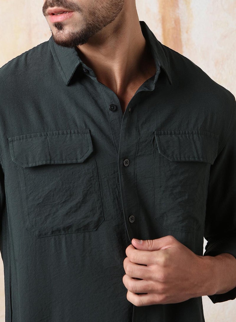 HIGH STAR Men Relaxed Fit Spread Collar Double Flap pocket utility Solid Textured Casual Shirt  - Image 5