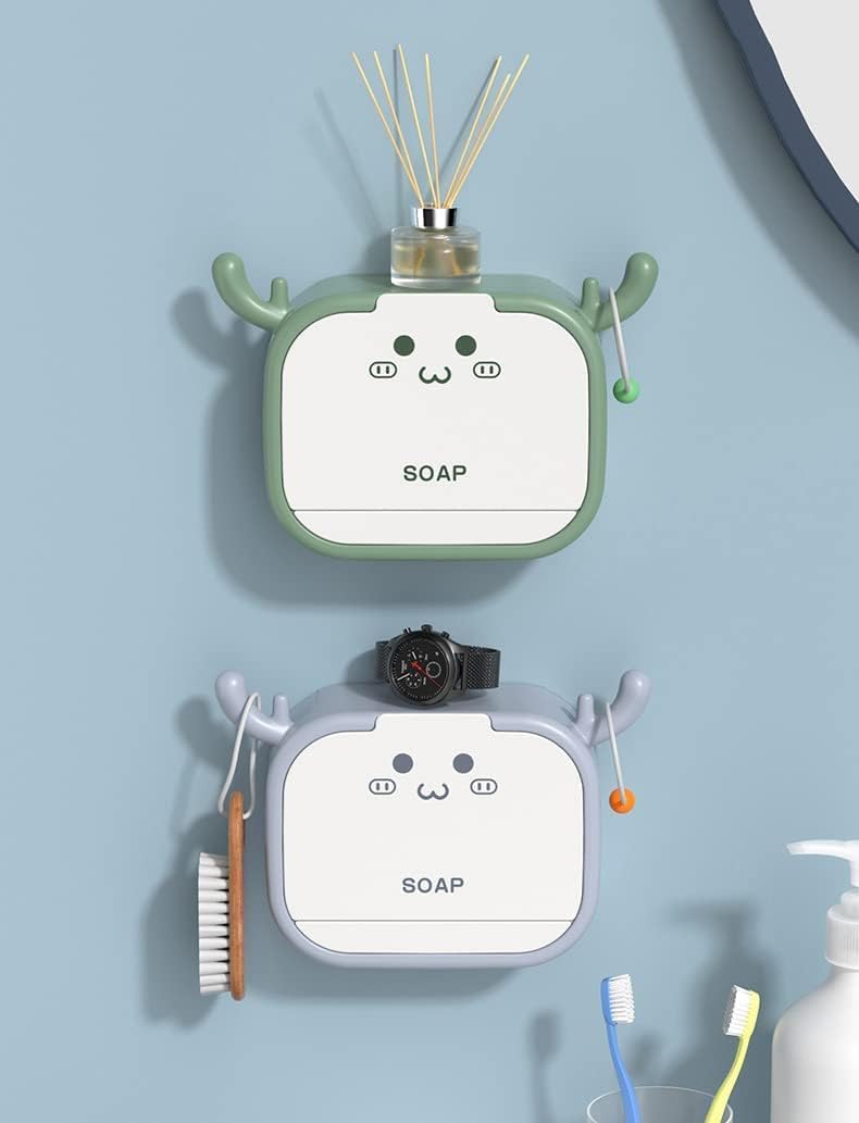 GLIVE (LABEL) GLIVE (LABEL) Flip-Top Cartoon Antler Soap Box, No Holes to Install, Bathroom Laundry Soap Box, Bathroom Cartoon Antler Hook Wall Soap Box, Bathroom Soap Storage Box  - Image 4