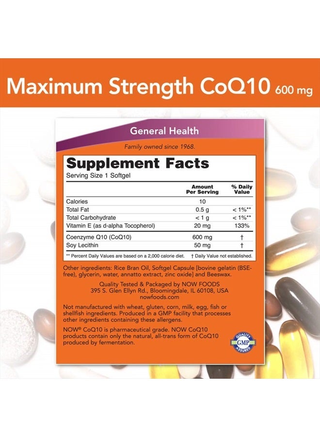 now مكملات، CoQ10 600 ملغ، قوة قصوى مع فيتامين E وليسيثين، 60 كبسولة لينة - Image 2