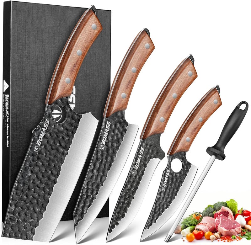 BOMASS 5PCS Hand Forged Japanese Chef Knife Set for Cooking, Meat Cutting, Carbon Steel Cleaver Knife, Boning, Santoku Chefs, Viking, Honing Rod for Kitchen, Camping, BBQ Gift for Men - Image 1
