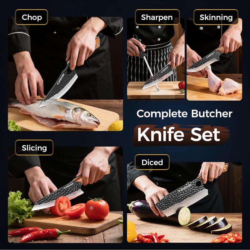 BOMASS 5PCS Hand Forged Japanese Chef Knife Set for Cooking, Meat Cutting, Carbon Steel Cleaver Knife, Boning, Santoku Chefs, Viking, Honing Rod for Kitchen, Camping, BBQ Gift for Men - Image 3
