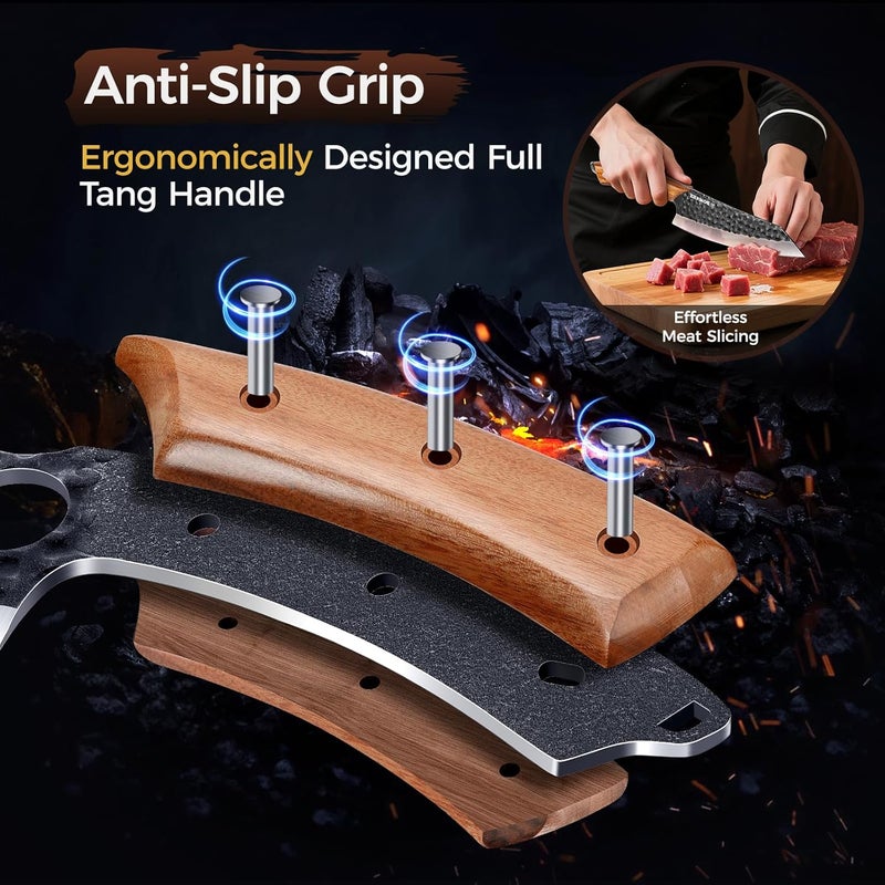 BOMASS 5PCS Hand Forged Japanese Chef Knife Set for Cooking, Meat Cutting, Carbon Steel Cleaver Knife, Boning, Santoku Chefs, Viking, Honing Rod for Kitchen, Camping, BBQ Gift for Men - Image 5
