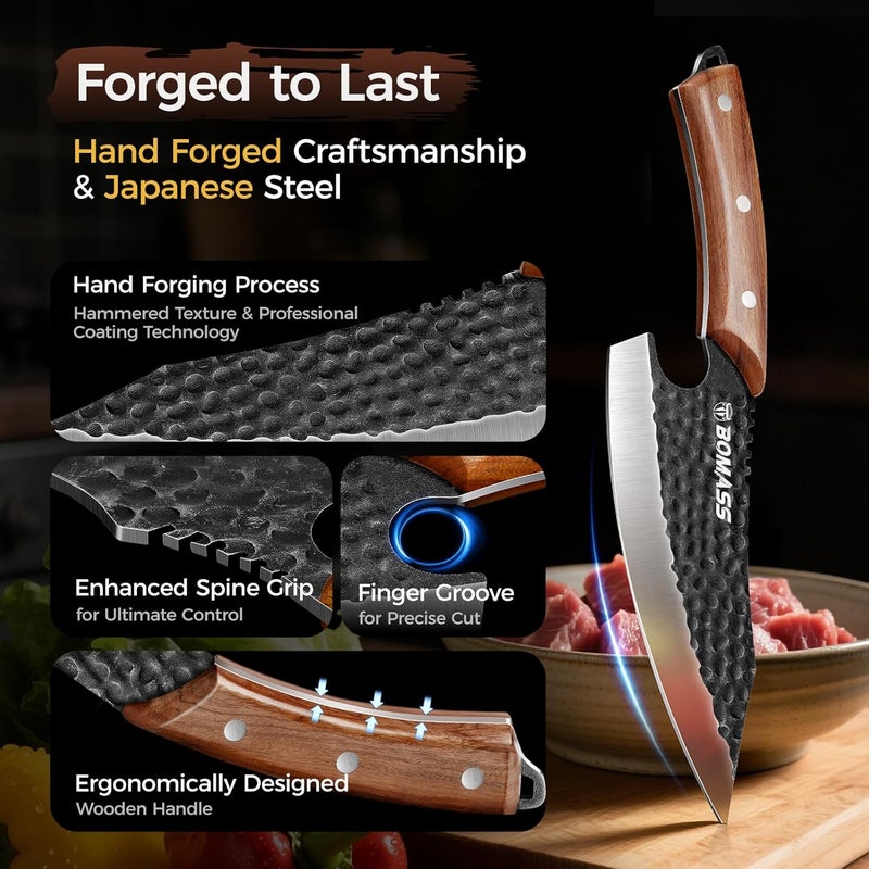 BOMASS 5PCS Hand Forged Japanese Chef Knife Set for Cooking, Meat Cutting, Carbon Steel Cleaver Knife, Boning, Santoku Chefs, Viking, Honing Rod for Kitchen, Camping, BBQ Gift for Men - Image 2
