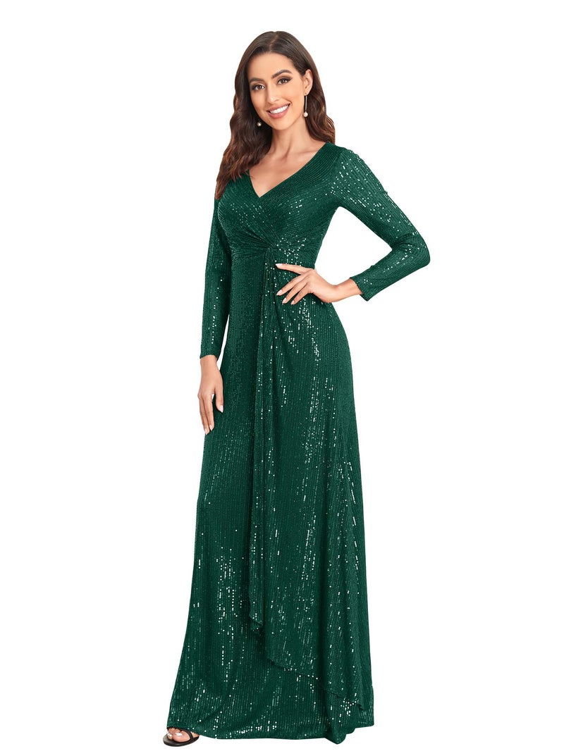 XUIBOL Glitter Sequin Formal Evening Gown Long Sleeve V Neck Wedding Guest Dress for Women Emerald Green XL - Image 1