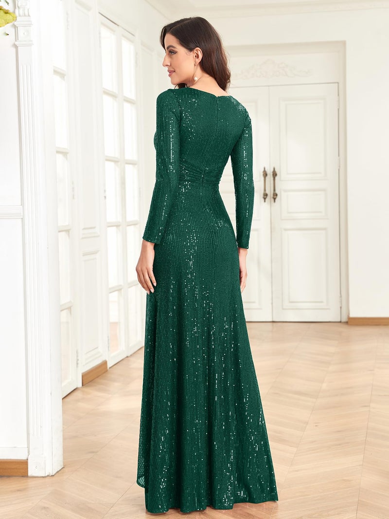 XUIBOL Glitter Sequin Formal Evening Gown Long Sleeve V Neck Wedding Guest Dress for Women Emerald Green XL - Image 2