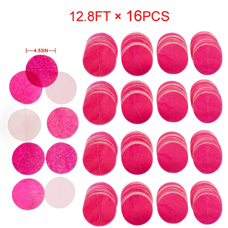 pinkblume 205Ft Hot Pink Party Decorations Big Circle Dots Backdrop Garland Rose Pink Tissue Paper Polka Dots Hanging Curtain Streamer for Birthday Bachelorette Engagement Wedding Bridal Shower Party Supplies - Image 2
