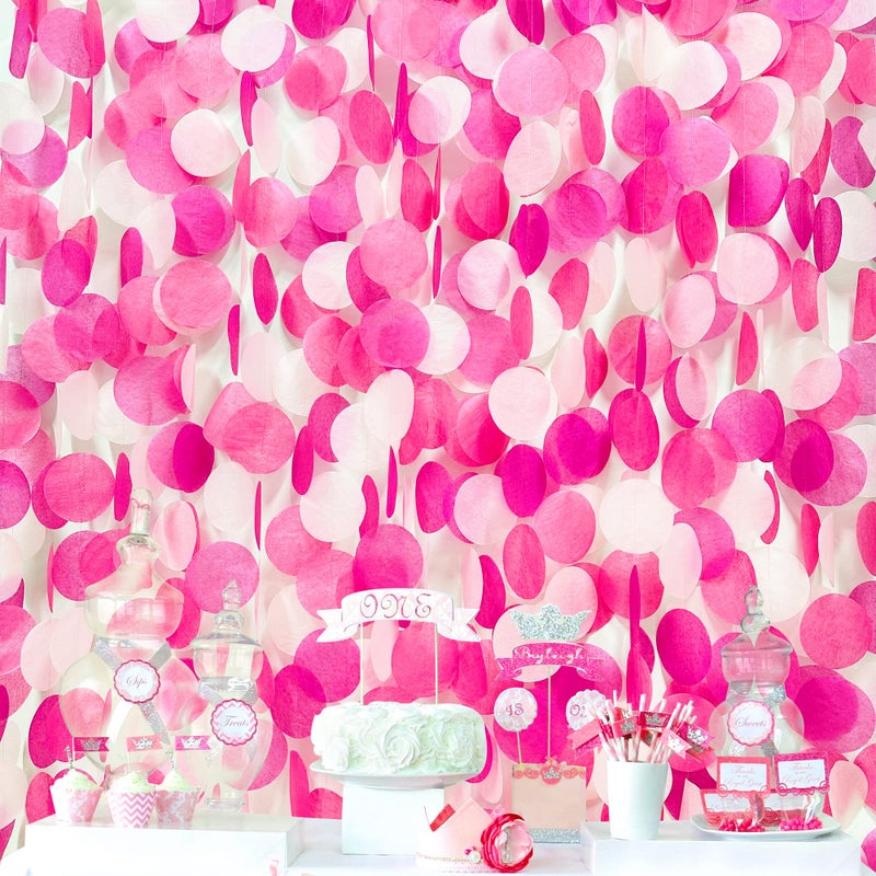 pinkblume 205Ft Hot Pink Party Decorations Big Circle Dots Backdrop Garland Rose Pink Tissue Paper Polka Dots Hanging Curtain Streamer for Birthday Bachelorette Engagement Wedding Bridal Shower Party Supplies - Image 1