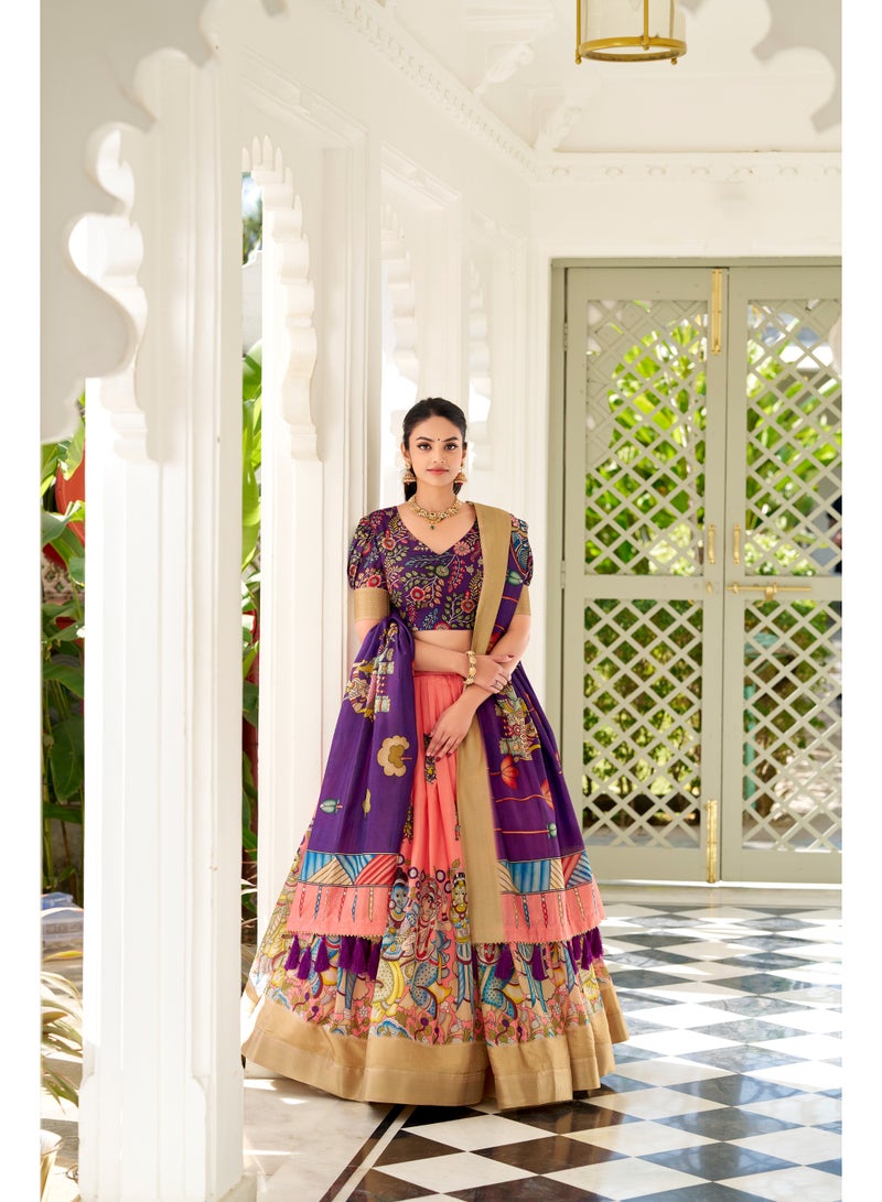 Super Asian Dola Silk Kalamkari Lehenga Choli Set – Weaving Border & Tassel Dupatta | Traditional Elegance in Every Thread  - Image 4