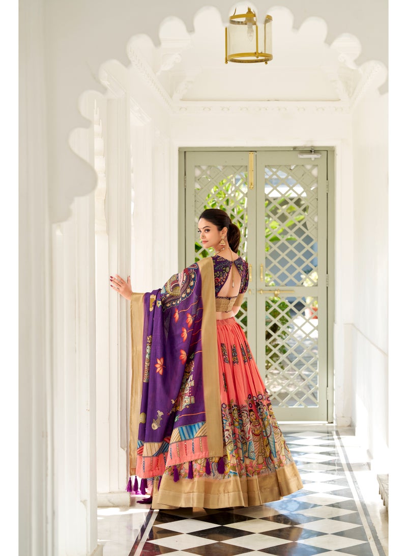 Super Asian Dola Silk Kalamkari Lehenga Choli Set – Weaving Border & Tassel Dupatta | Traditional Elegance in Every Thread  - Image 1