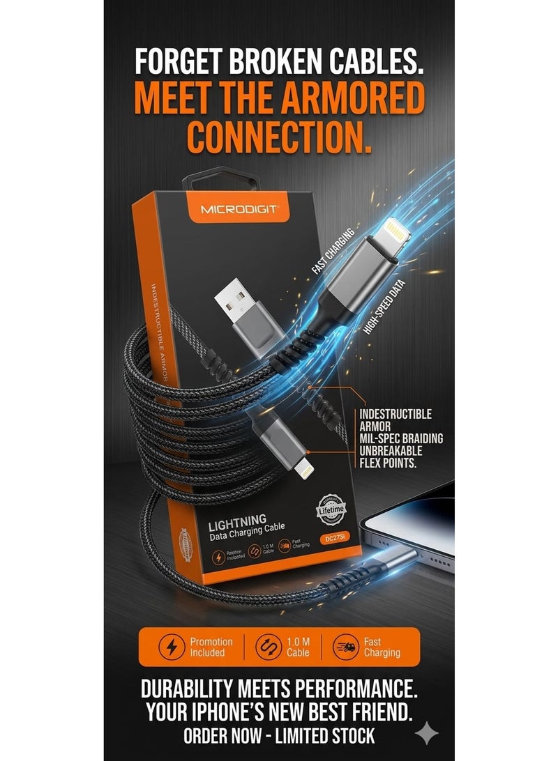 Micro Digit MICRODIGIT "Armored" Lightning Charging and Data Transfer Cable - Unbreakable Military Braided Design - 1 Meter Length with Fast Charging Support - Image 1