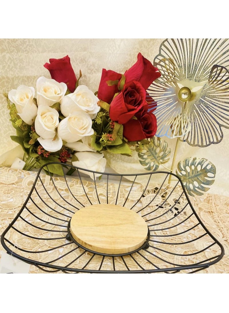 سلة فواكة وخضروات مربعة معدن بقعدة خشب (اسود)  - Image 1