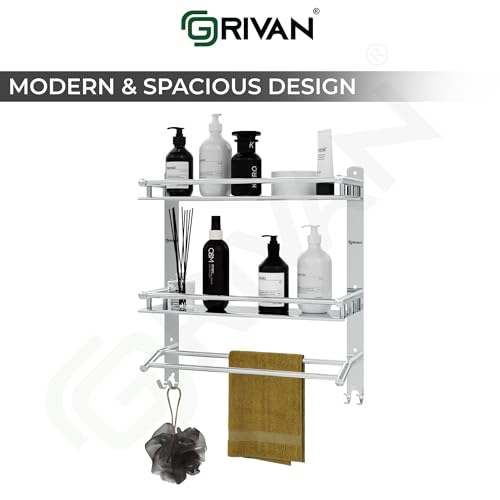 GRIVAN Multipurpose Stainless Steel Double Layer Shelf with Dual Towel Rod I Rust-Proof Wall Mounted Bathroom Rack Shelf Organizer with Hanger Hooks I Bathroom Accessories (Silver Chrome, 42x40 CM) - Image 5