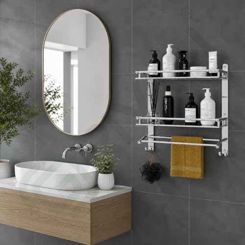GRIVAN Multipurpose Stainless Steel Double Layer Shelf with Dual Towel Rod I Rust-Proof Wall Mounted Bathroom Rack Shelf Organizer with Hanger Hooks I Bathroom Accessories (Silver Chrome, 42x40 CM) - Image 2