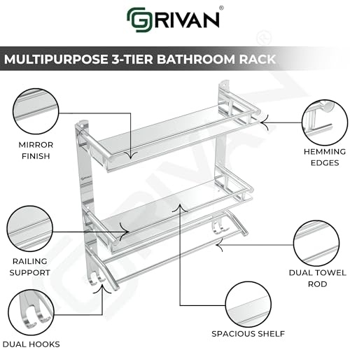 GRIVAN Multipurpose Stainless Steel Double Layer Shelf with Dual Towel Rod I Rust-Proof Wall Mounted Bathroom Rack Shelf Organizer with Hanger Hooks I Bathroom Accessories (Silver Chrome, 42x40 CM) - Image 4