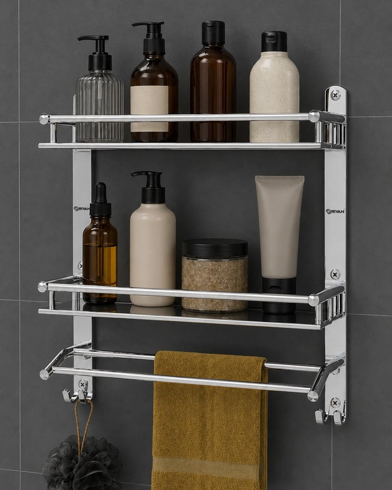GRIVAN Multipurpose Stainless Steel Double Layer Shelf with Dual Towel Rod I Rust-Proof Wall Mounted Bathroom Rack Shelf Organizer with Hanger Hooks I Bathroom Accessories (Silver Chrome, 42x40 CM) - Image 1