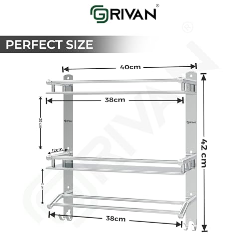 GRIVAN Multipurpose Stainless Steel Double Layer Shelf with Dual Towel Rod I Rust-Proof Wall Mounted Bathroom Rack Shelf Organizer with Hanger Hooks I Bathroom Accessories (Silver Chrome, 42x40 CM) - Image 3