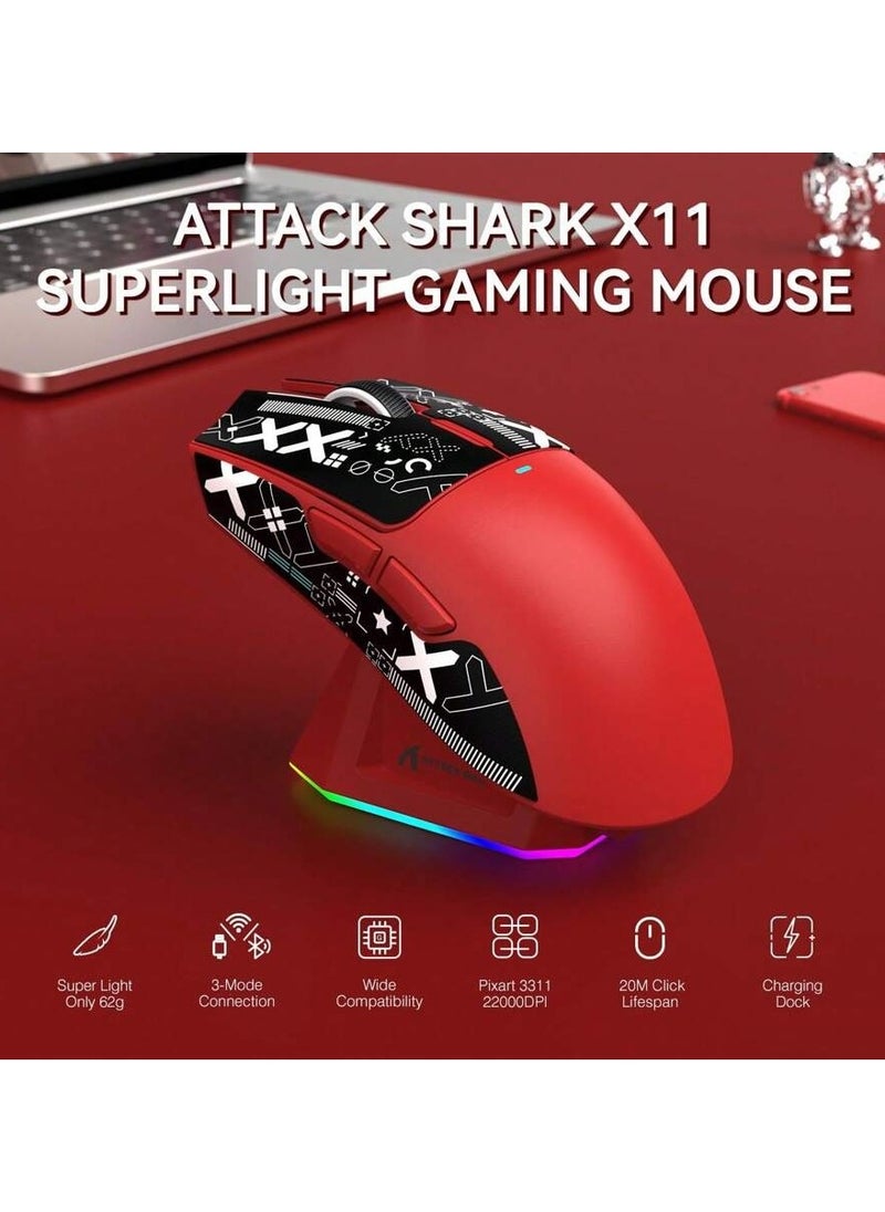 Attack Shark Lightweight Wireless Gaming Mouse, 63g, PixArt PAW3311 Gaming Sensor,  BT/2.4G Wireless/Wired with Magnetic Charging Dock And Tape For Better Grip, Attack Shark X11  - Image 2