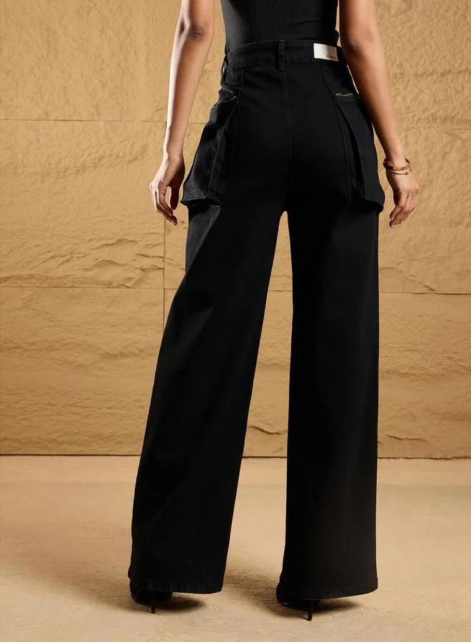SASSAFRAS High Rise Zip Pockets Straight Fit Jeans by Styli