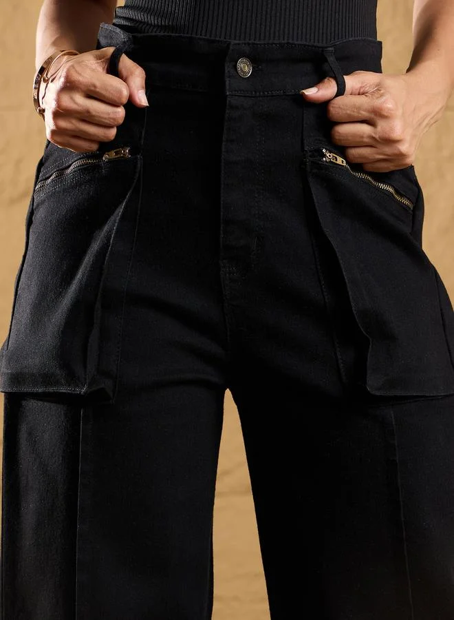 SASSAFRAS High Rise Zip Pockets Straight Fit Jeans by Styli