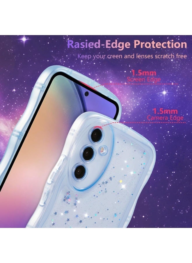 For Samsung Galaxy A16 4G/5G Case 6.7",Cute Curly Wave Case with Star Glitter,Clear Shiny Bling Soft TPU Shockproof Phone Protective Cover for Women Girls-Blue - Image 4