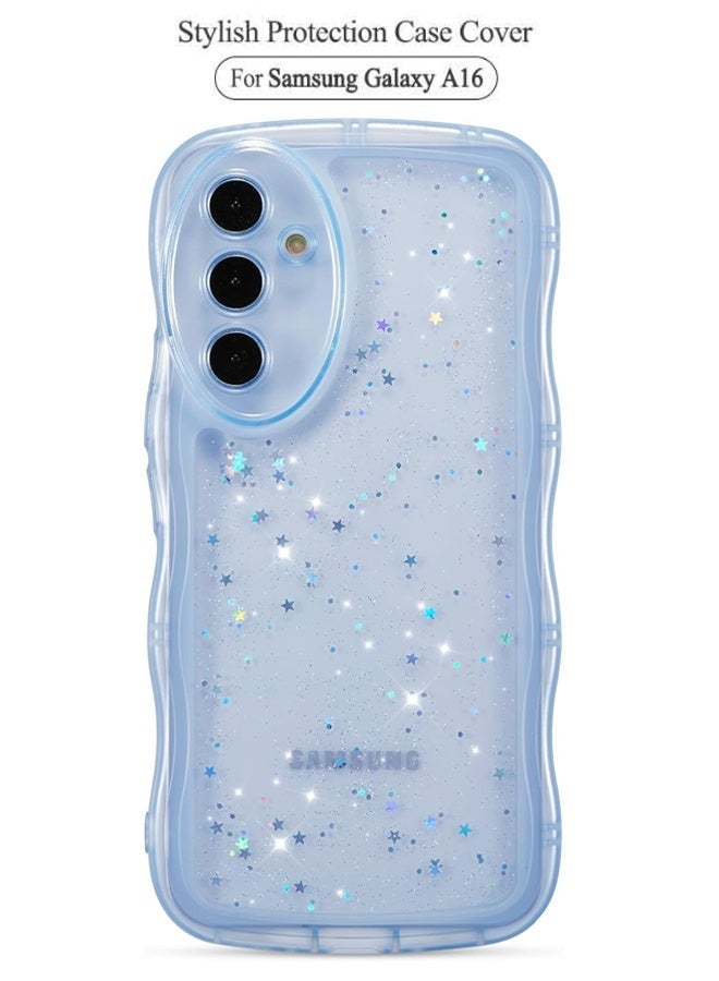 For Samsung Galaxy A16 4G/5G Case 6.7",Cute Curly Wave Case with Star Glitter,Clear Shiny Bling Soft TPU Shockproof Phone Protective Cover for Women Girls-Blue - Image 1
