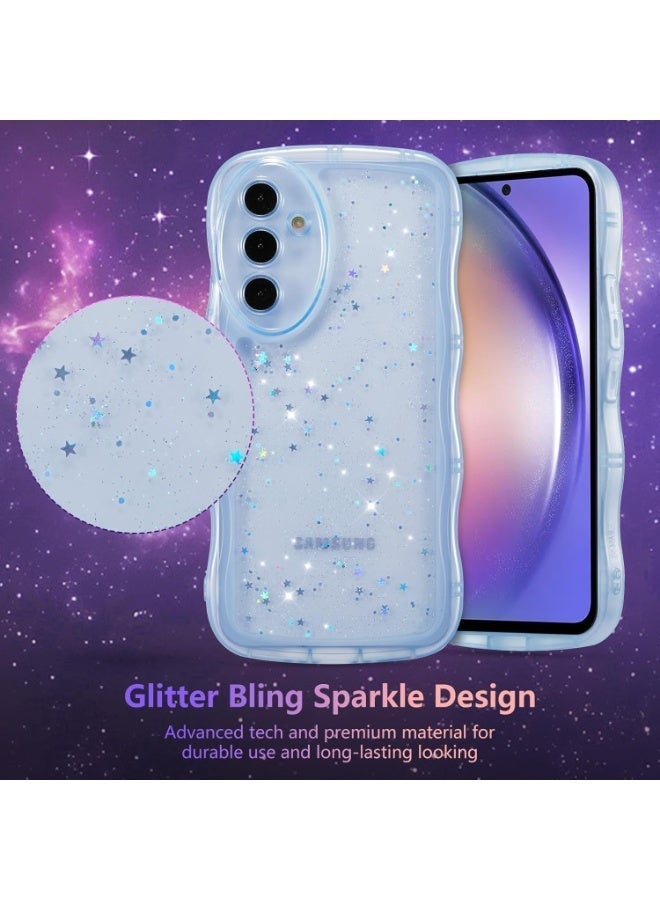 For Samsung Galaxy A16 4G/5G Case 6.7",Cute Curly Wave Case with Star Glitter,Clear Shiny Bling Soft TPU Shockproof Phone Protective Cover for Women Girls-Blue - Image 2