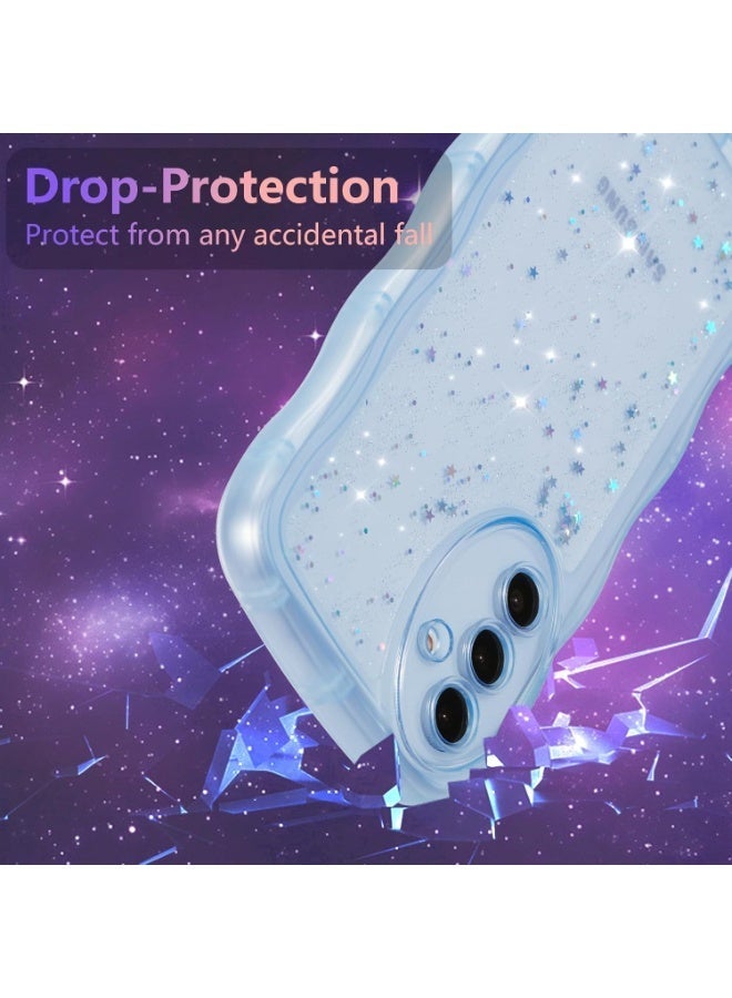 For Samsung Galaxy A16 4G/5G Case 6.7",Cute Curly Wave Case with Star Glitter,Clear Shiny Bling Soft TPU Shockproof Phone Protective Cover for Women Girls-Blue - Image 3