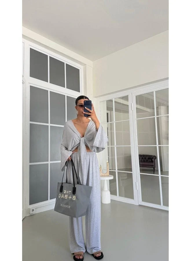 Gray Tie-Detail Blouse with Elastic Waist Pants, Stretch Suit GAUS-01732.