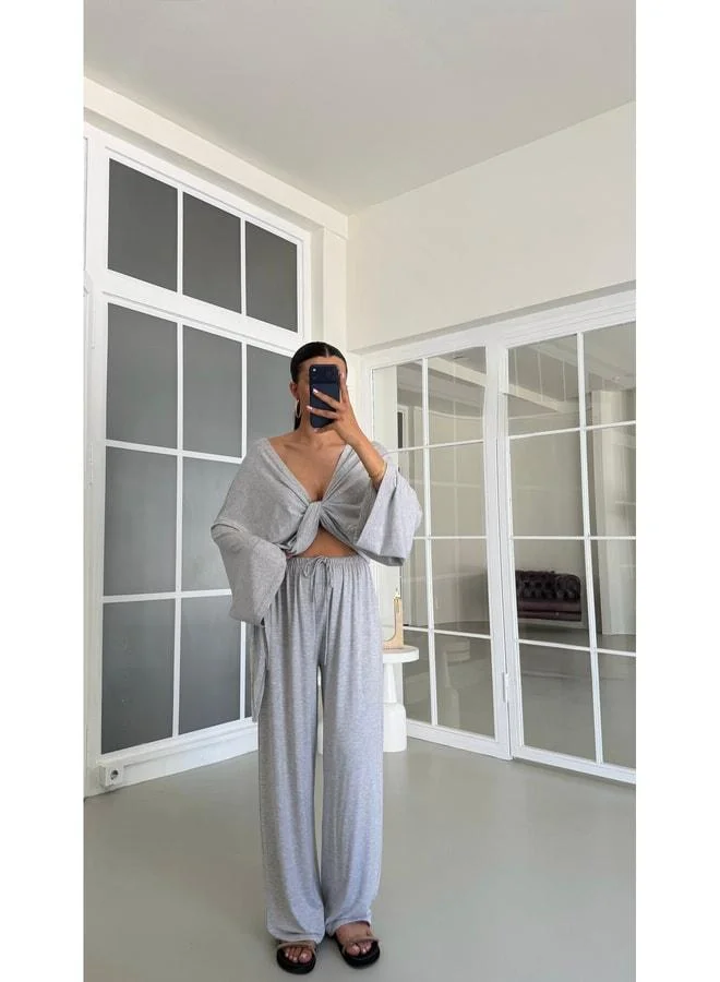 Gaus  Gray Tie-Detail Blouse with Elastic Waist Pants, Stretch Suit GAUS-01732. for Women | Best Price UAE