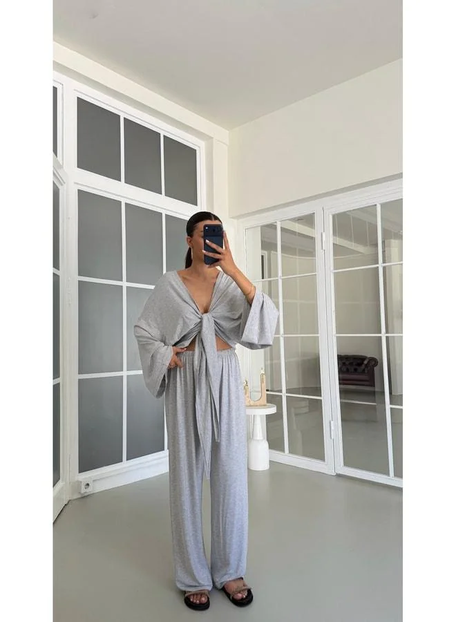 Gaus  Gray Tie-Detail Blouse with Elastic Waist Pants, Stretch Suit GAUS-01732. for Women | Best Price UAE