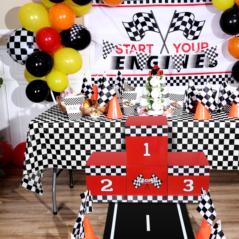 Zhanmai 4 Pcs Large Racing Car Party Boxes 11.8 x 11.8 Inch Goodie Checkered Boxes for Birthday Decor Truck Theme Race Car Podium Centerpiece Decorations Cardboard Party Favors(Red) - Image 2