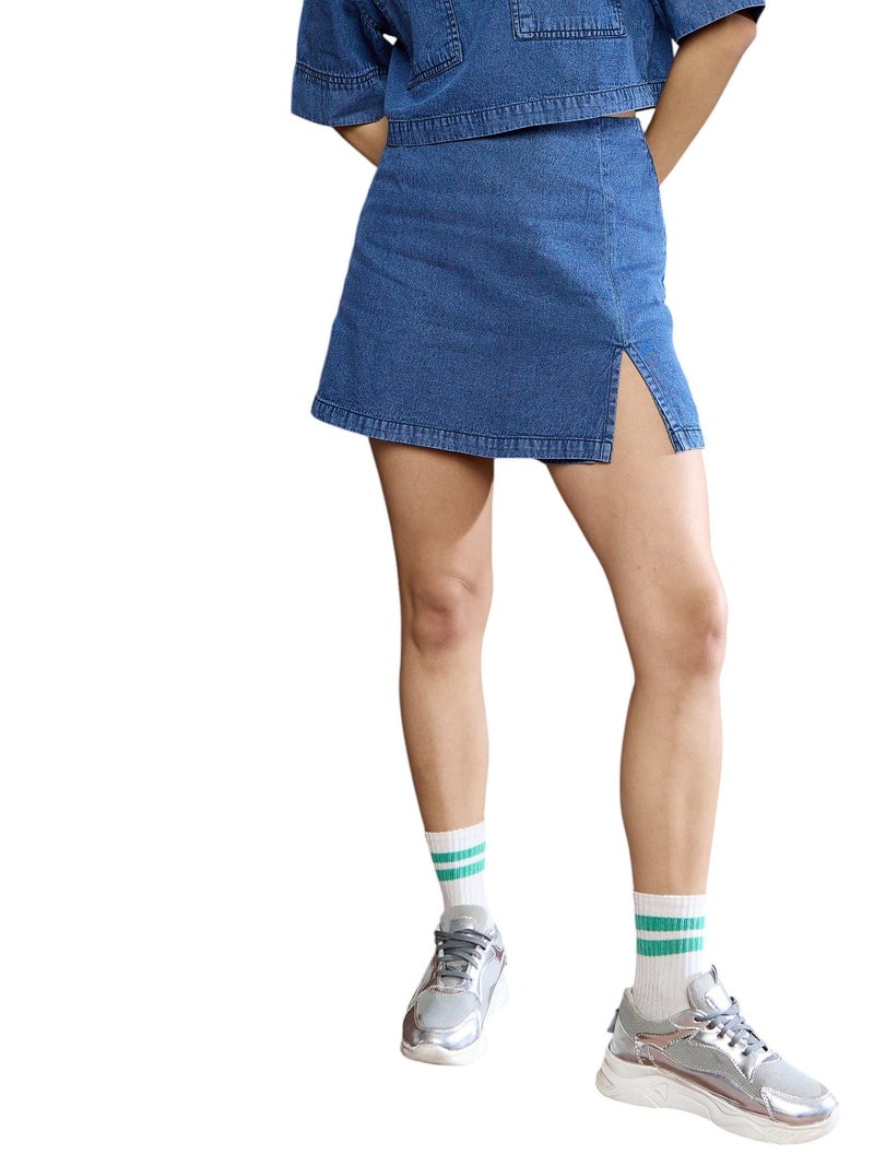 SASSAFRAS Blue Denim Front Slit Skorts - Image 1