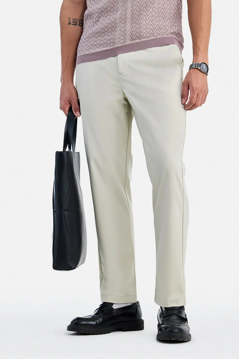 سنيتش Cream Solid Relaxed Casual Trousers