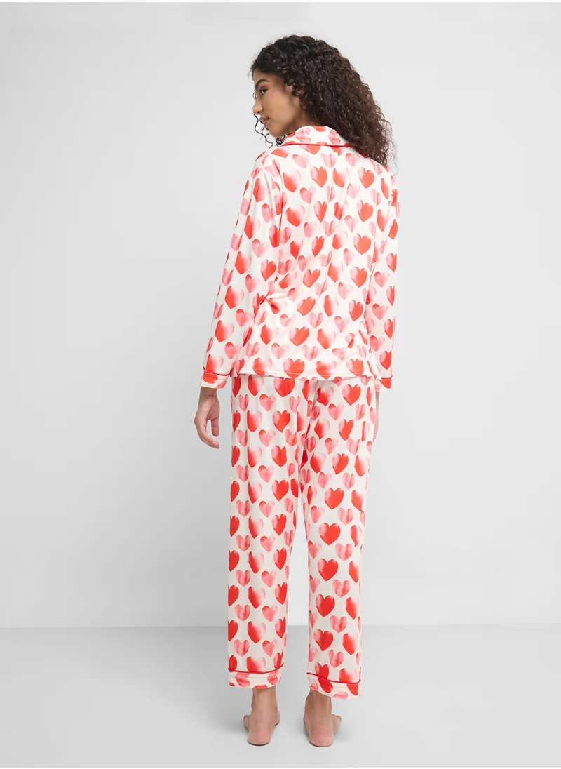 Ginger Heart Print Button Up Shirt & Pyjama Set