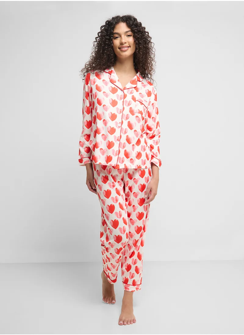 Ginger Heart Print Button Up Shirt & Pyjama Set