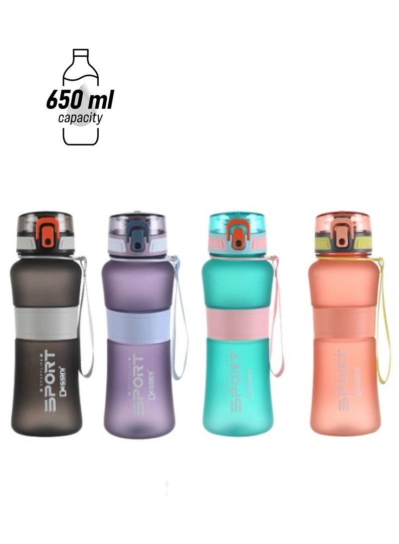 DESSINI زجاجة ماء مع غلاف مضاد للانزلاق غير سامة خالية من BPA - 650 مل، أسود - Image 2